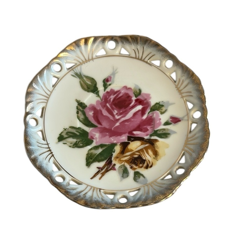 Vintage Lefton China Reticulated Saucer Handpainted Roses Gold Trim 6”